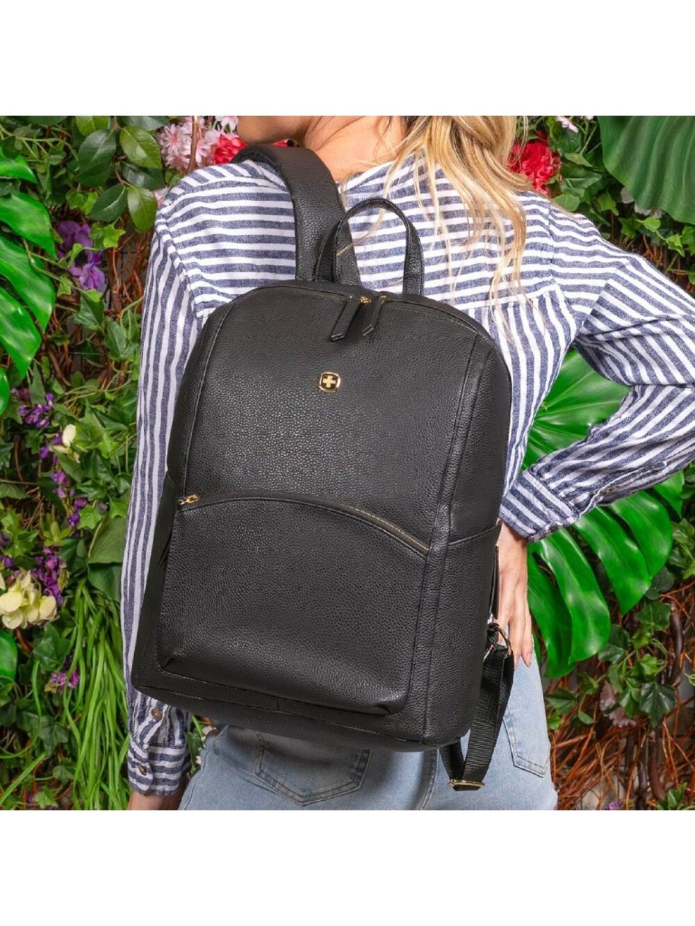 SwissGear Serenity Luxe Black Faux Leather Laptop Backpack - Small Fits 13"